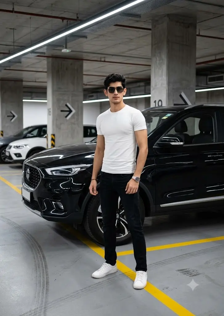 Gemini AI parking garage photo featuring a stylish boy standing beside a black SUV in a realistic urban setting.