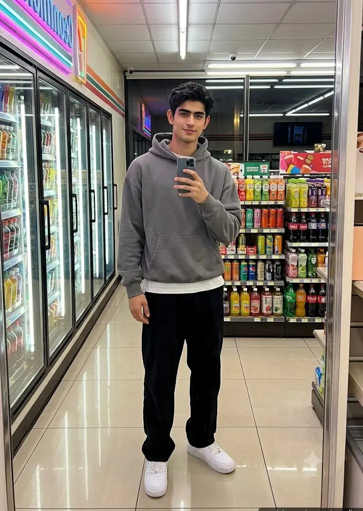 Luxury hotel elevator mirror selfie of a stylish boy in oversized streetwear generated using a Gemini AI prompt.