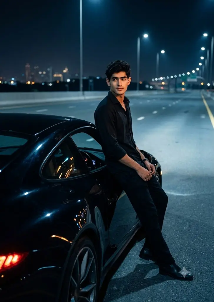 A young man in a black outfit leans confidently against a black sports car on an empty highway at night, with streetlights and a city skyline in the background.