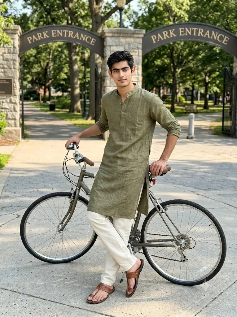 Stylish man in an olive green kurta posing near a neighborhood park using a Gemini AI photo prompt.