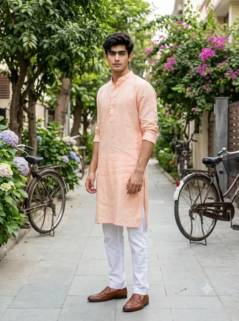 Realistic pastel peach kurta portrait of a man on a tree-lined residential lane created with Gemini AI.