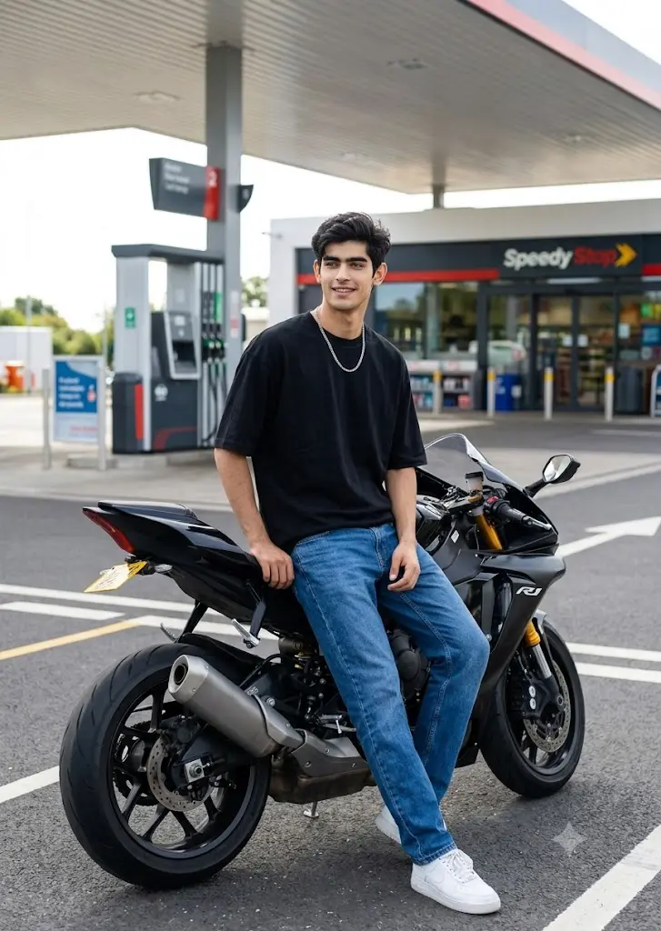 Gemini AI petrol pump photo of a stylish boy posing beside a motorcycle at a modern fuel station.
