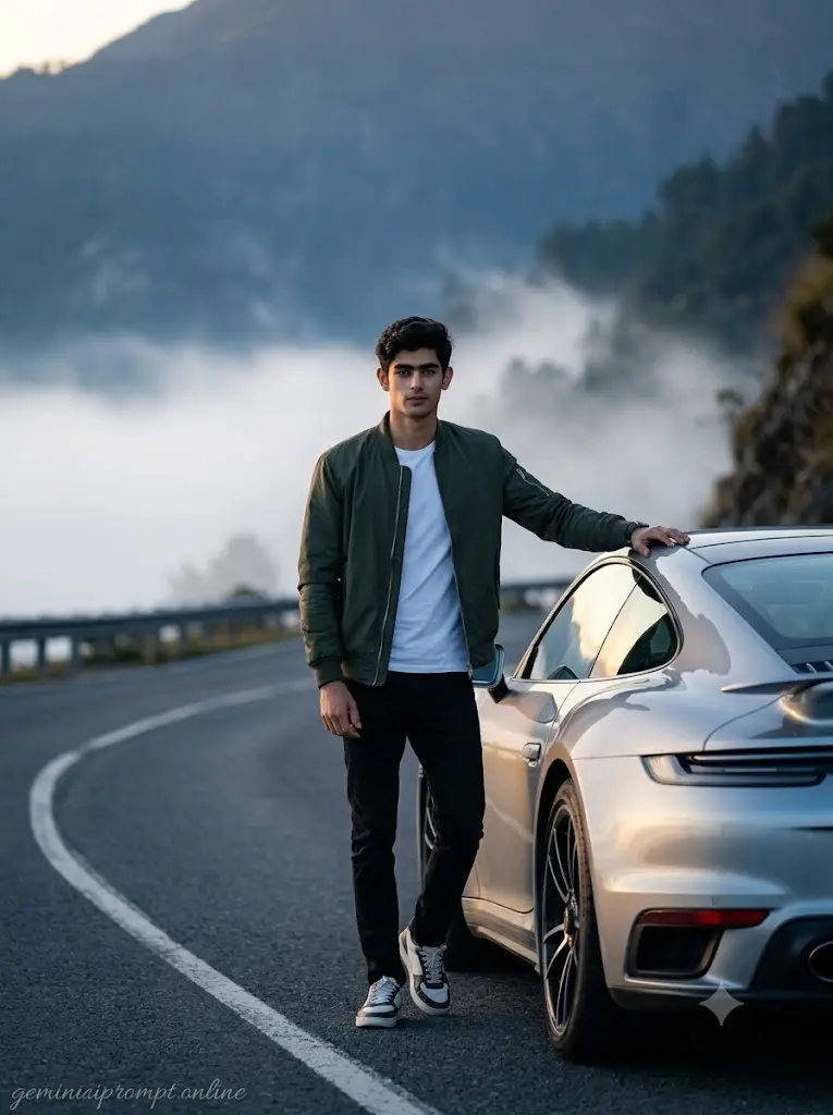 Cinematic Porsche 911 Turbo S mountain road portrait of a fashionable boy surrounded by morning fog and scenic landscapes