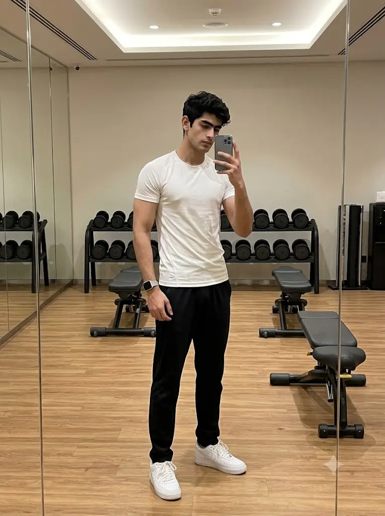 Luxury fitness studio mirror selfie of a stylish boy with realistic workout aesthetic generated using Gemini AI photo editing.