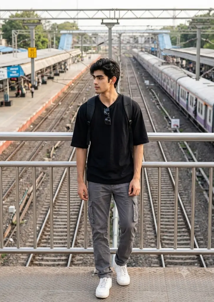 Gemini AI railway station foot over bridge portrait of a stylish boy with trains and realistic travel background.