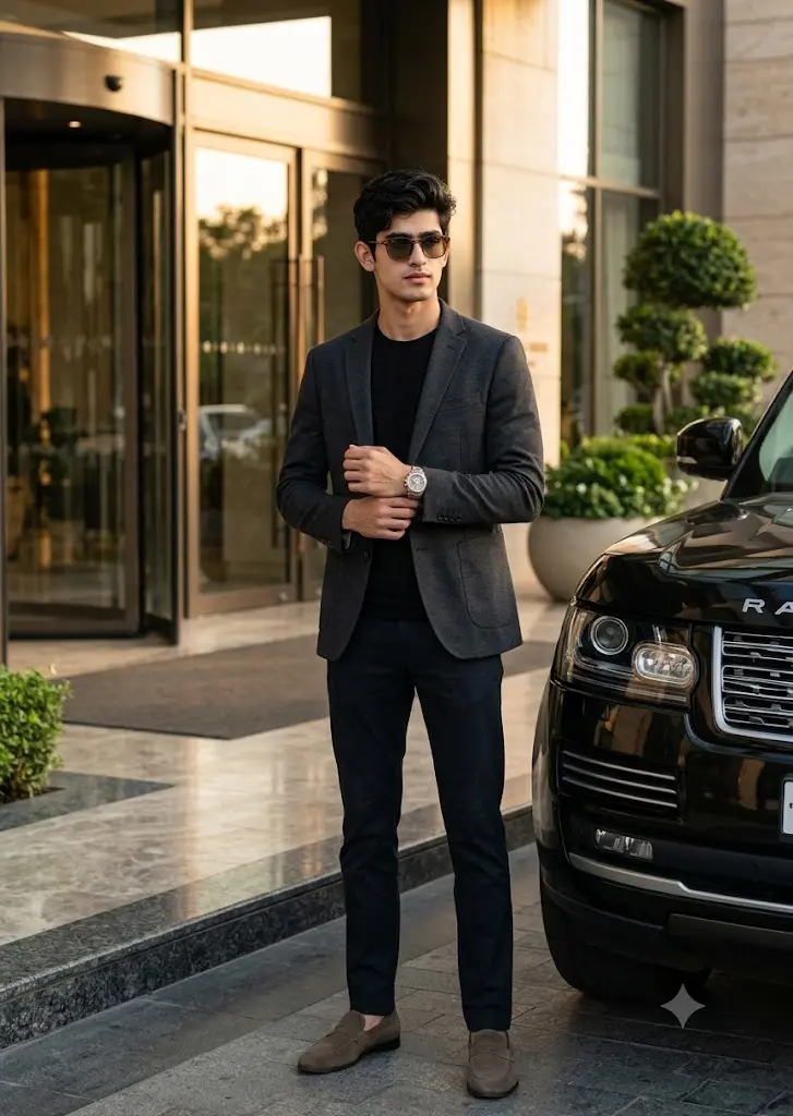 Luxury Range Rover Autobiography Gemini AI photo of a man posing in front of a five-star hotel entrance.