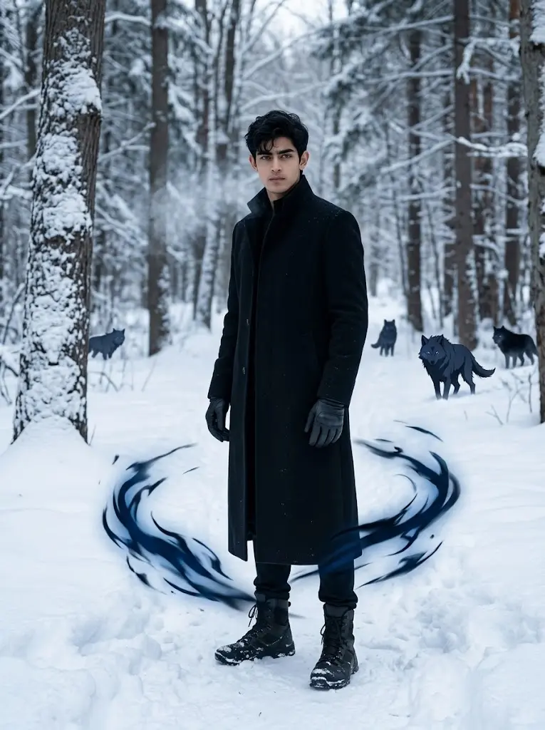 Sung Jin-Woo in the Red Gate Arc snowy forest wearing his iconic black coat with anime-style shadow wolves and subtle blue aura effects.
