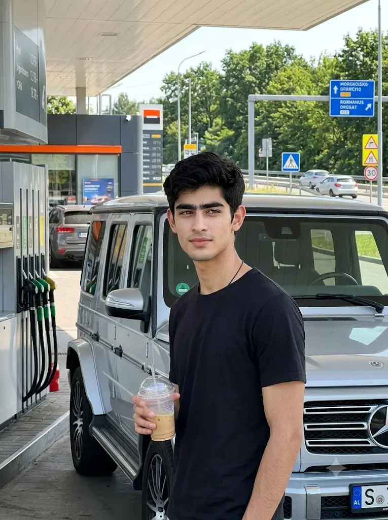 Luxury road trip portrait featuring a silver Mercedes G-Wagon at a roadside rest stop generated using Gemini AI.