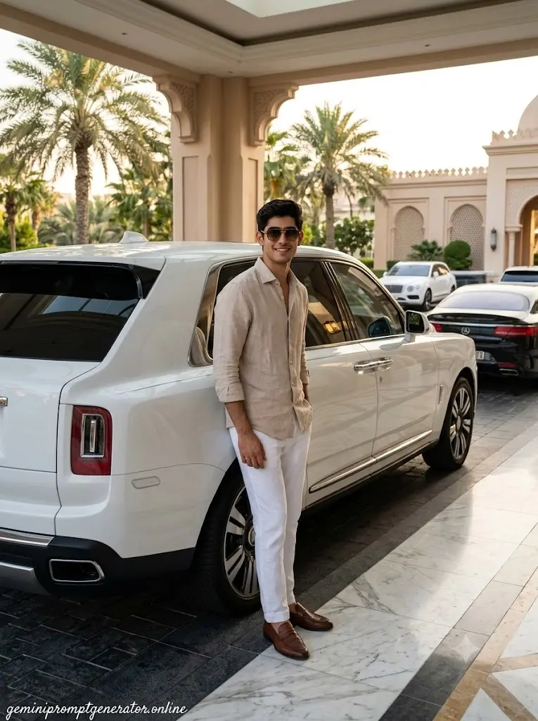 Rolls-Royce Cullinan Gemini AI photo featuring a luxury lifestyle portrait at an elegant resort entrance.