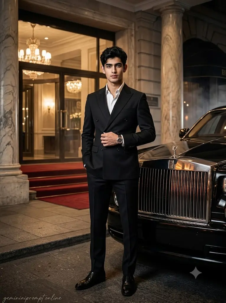 Luxury Rolls-Royce Phantom portrait of a stylish boy outside a five-star hotel with cinematic night lighting and premium fashion aesthetic.