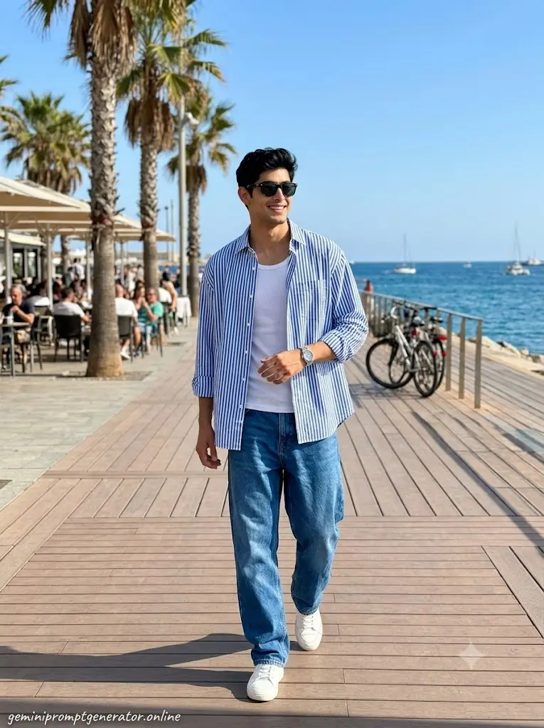Seaside boardwalk travel portrait of a fashionable boy with realistic summer aesthetic generated using Gemini AI.