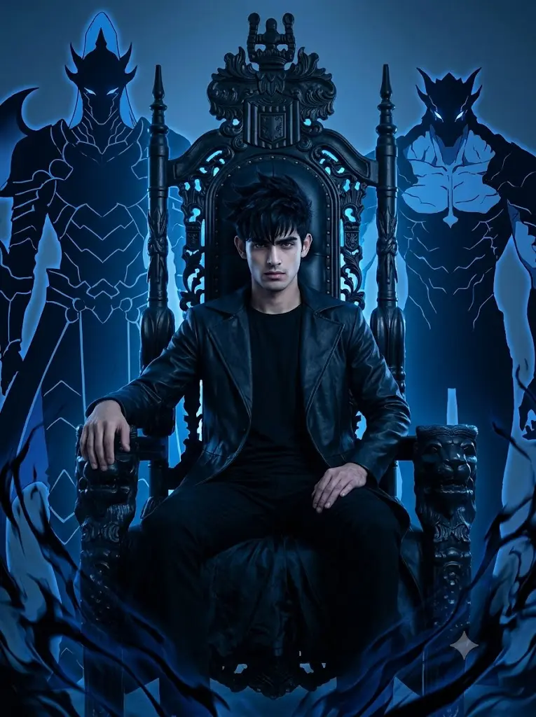 Shadow Monarch Sung Jin-Woo sitting on his iconic throne with black trench coat, blue shadow aura, and anime-style Igris and Beru silhouettes.