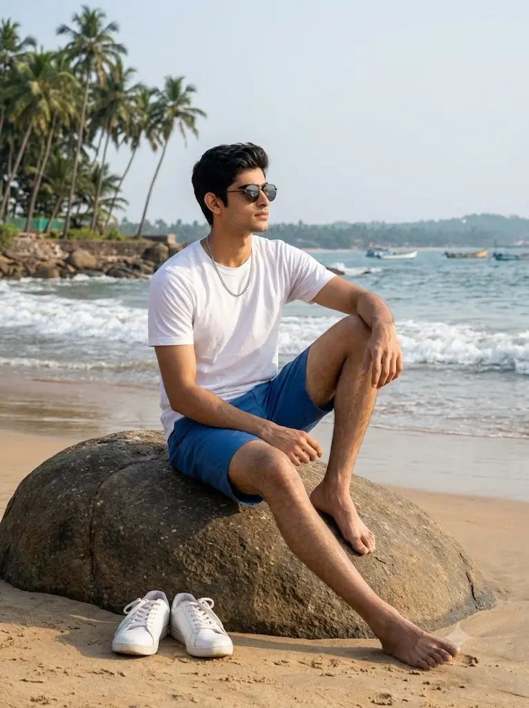Man sitting on a beach rock with ocean waves in the background created using a realistic Gemini AI beach prompt.