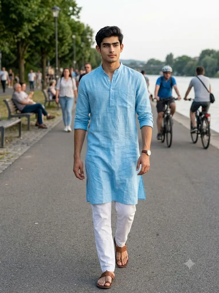 Realistic Gemini AI portrait of a man in a sky blue linen kurta walking along a peaceful riverside pathway.