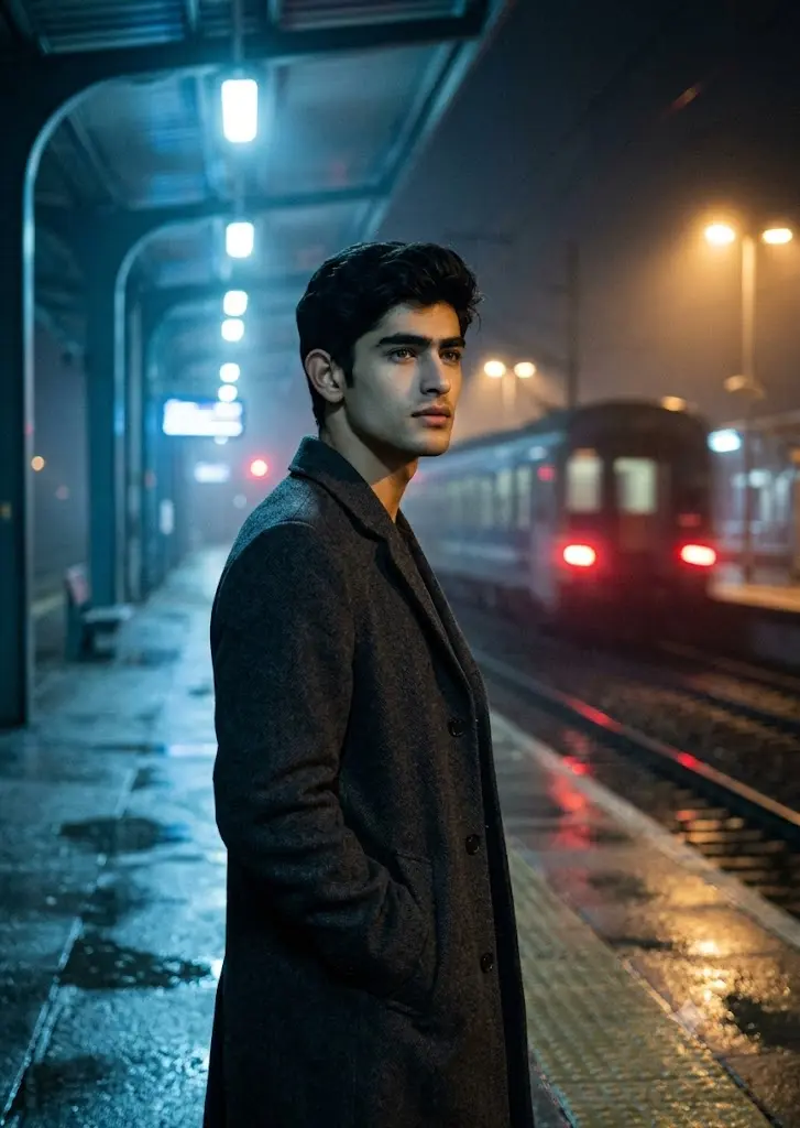 A thoughtful young man in a charcoal overcoat stands on a wet, misty train platform at midnight as a train departs in the illuminated background.