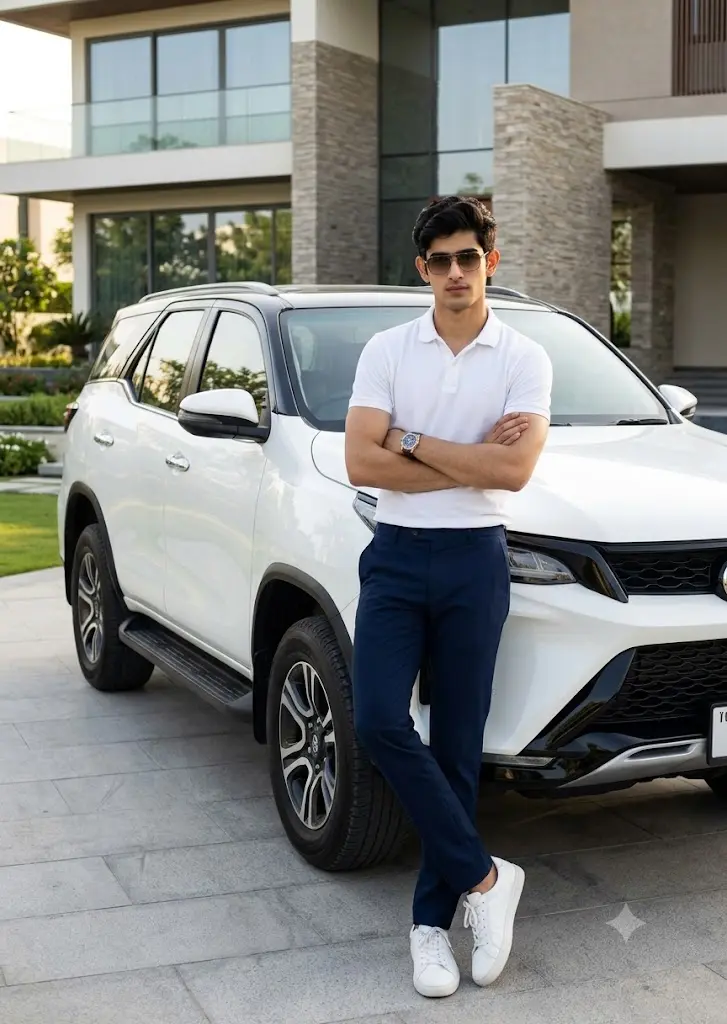 Toyota Fortuner Legender Gemini AI portrait featuring a fashionable man standing outside a luxury modern villa.