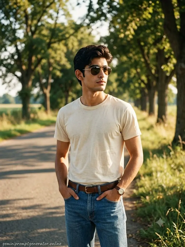 Retro 90s boy portrait in a cream shirt and blue jeans with vintage film photography created using a Google Gemini AI prompt.