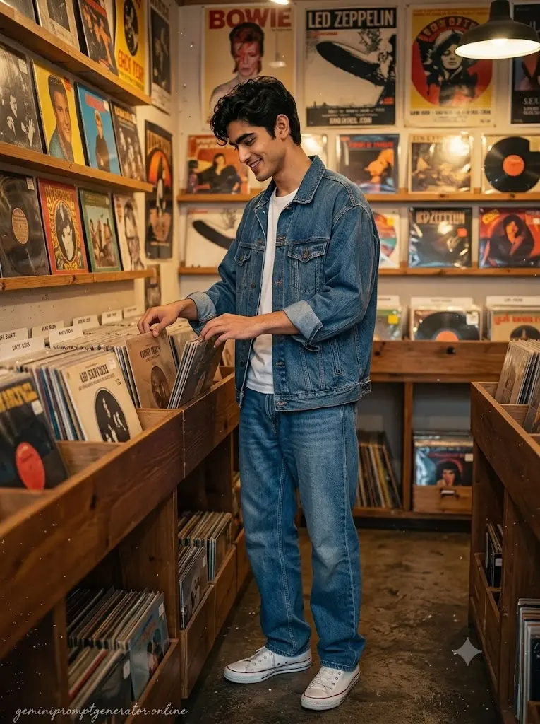 Vintage vinyl record store portrait of a trendy boy with realistic Instagram aesthetic using Gemini AI.