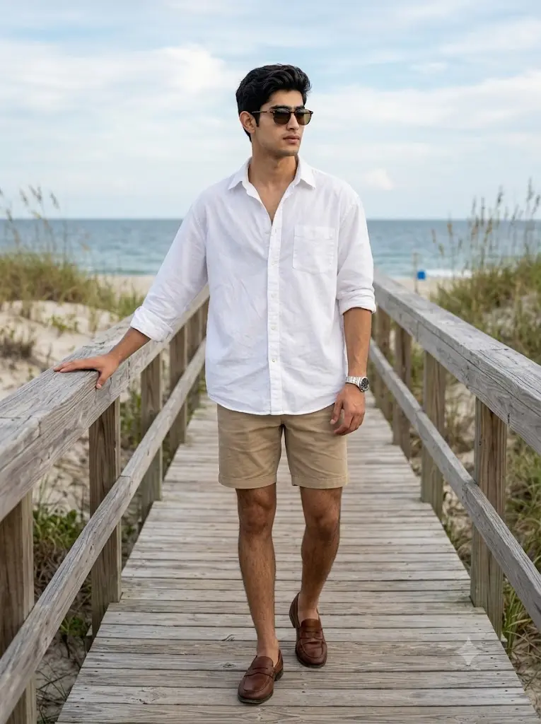 Man posing on a wooden beach boardwalk with ocean views generated using a realistic Gemini AI beach prompt.