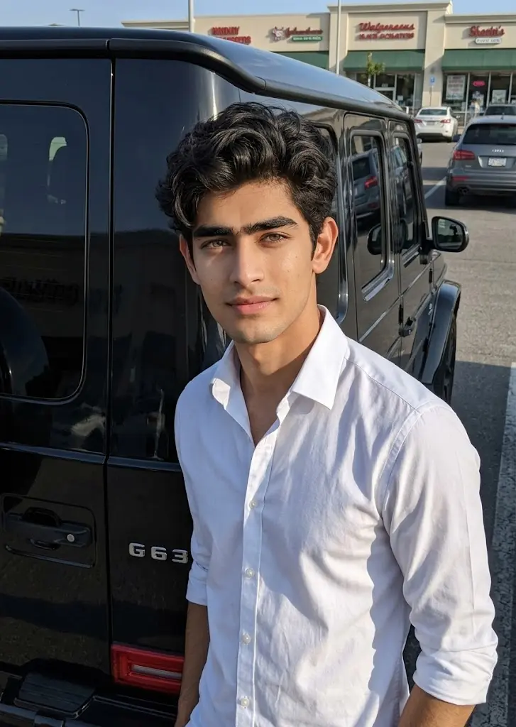 Minimalist daytime portrait of a man standing beside a black G-Wagon in a public parking lot created with Gemini AI
