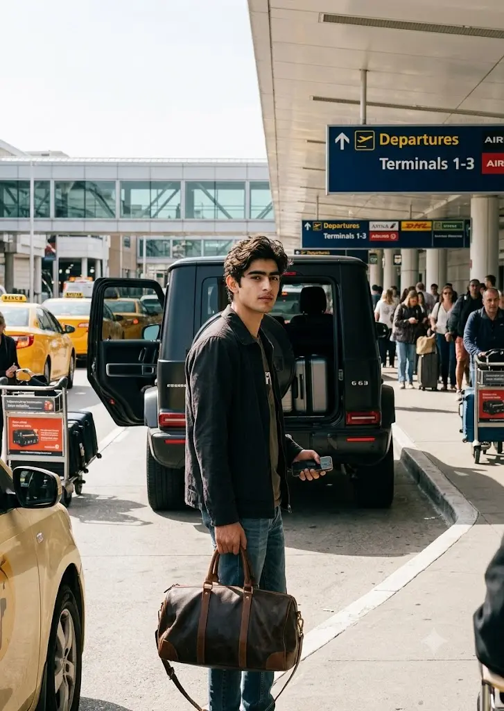 Airport travel lifestyle image showing a man with luggage standing beside a Mercedes G-Wagon in daylight.