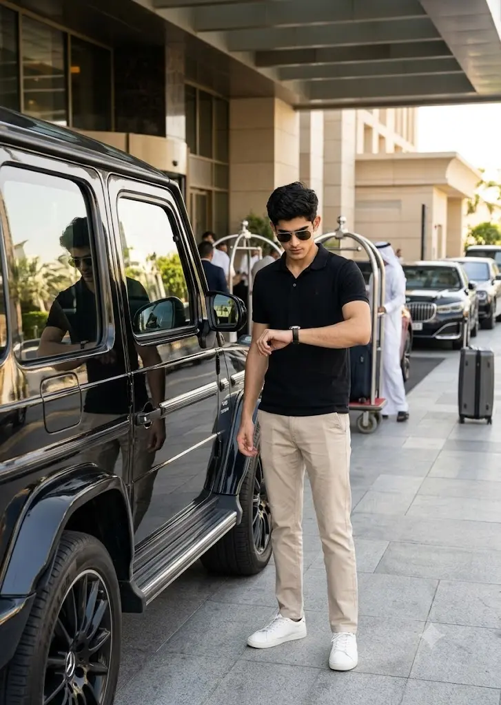 Stylish man posing beside a black Mercedes G-Wagon outside a luxury hotel in natural daylight using a Gemini AI prompt.