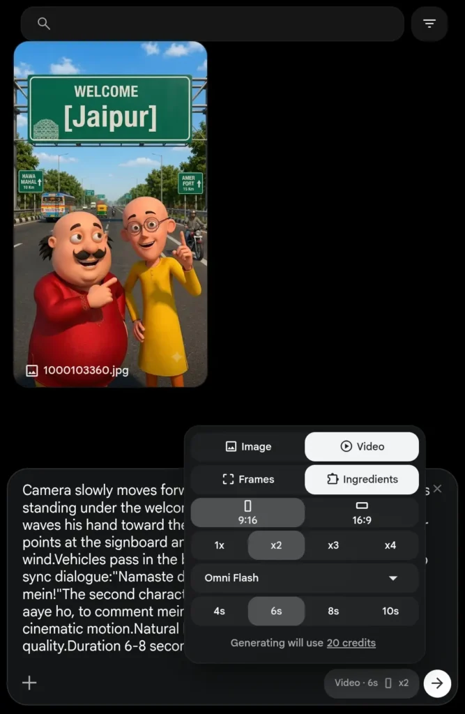 Adjust the video generation settings in Google flow for motu Patlu Trend