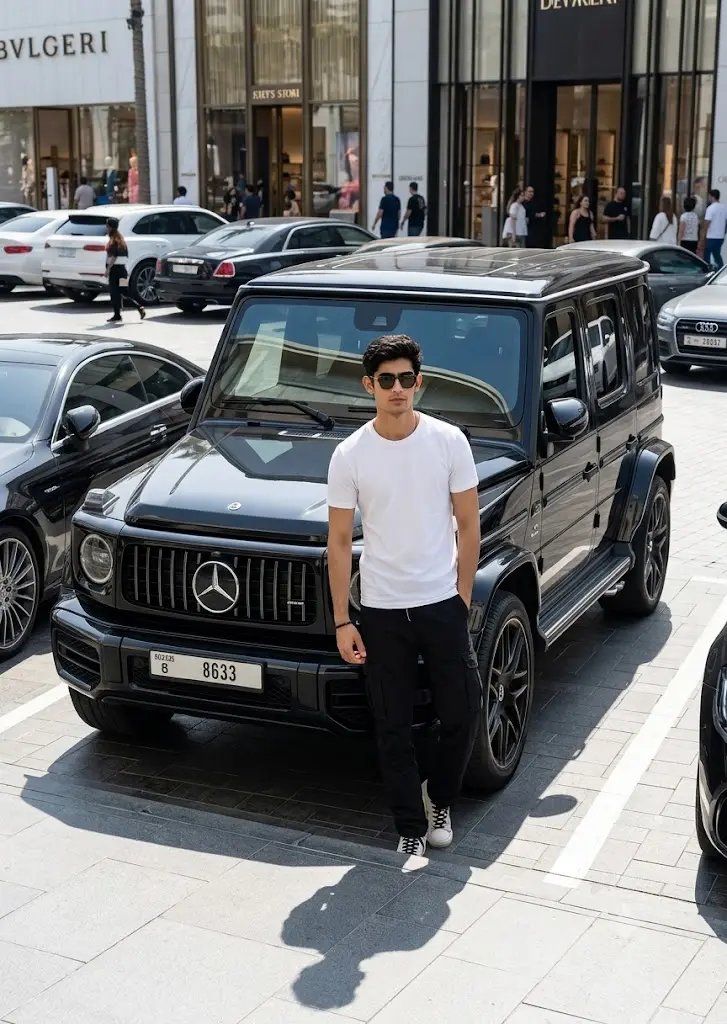 Realistic G63 AMG lifestyle portrait in a shopping district parking area created with a Gemini AI photo editing prompt.