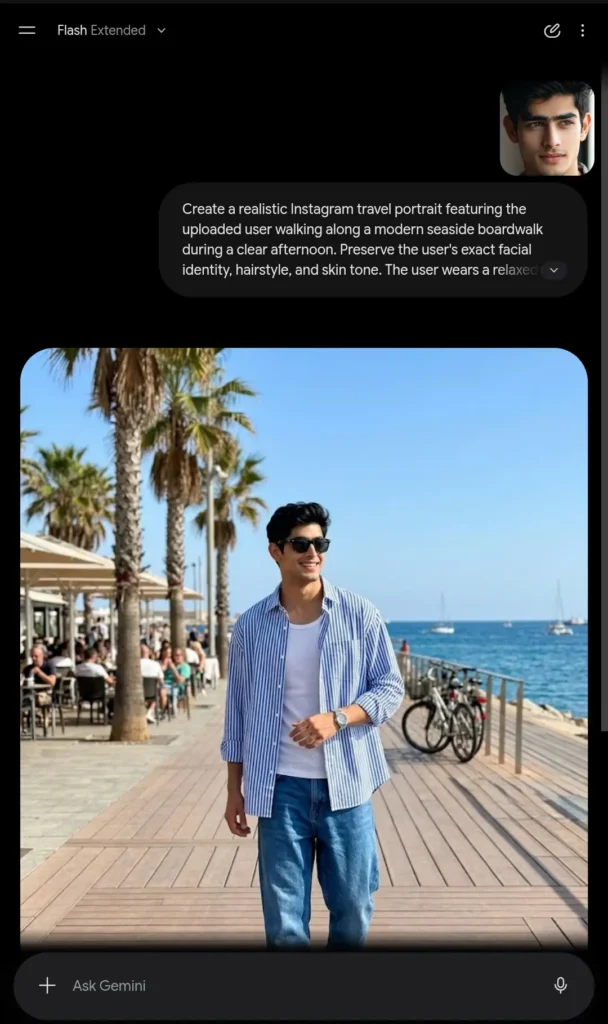 A clear photo of Gemini dashboard showing before after results of a Gemini Prompt. A clear photo uploaded above produced a stunning AI generated image at the bottom.