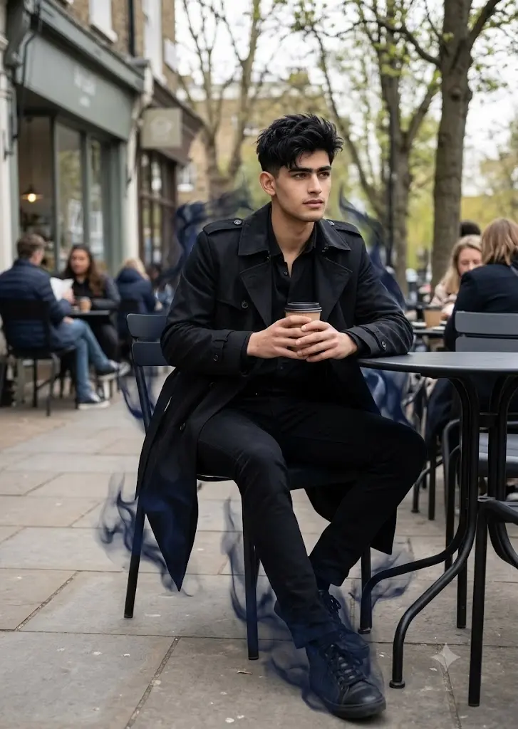 Real-life Sung Jin-Woo waiting at an airport terminal with signature black hairstyle, black trench coat, and subtle blue shadow aura generated using Gemini AI.